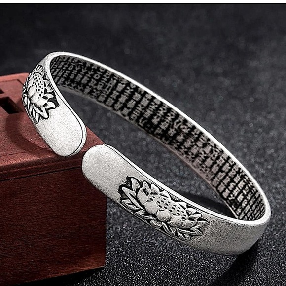 Sterling Silver Lotus Flower Bracelet, Adjustable Resizable Bangle Cuff, - Picture 3 of 5